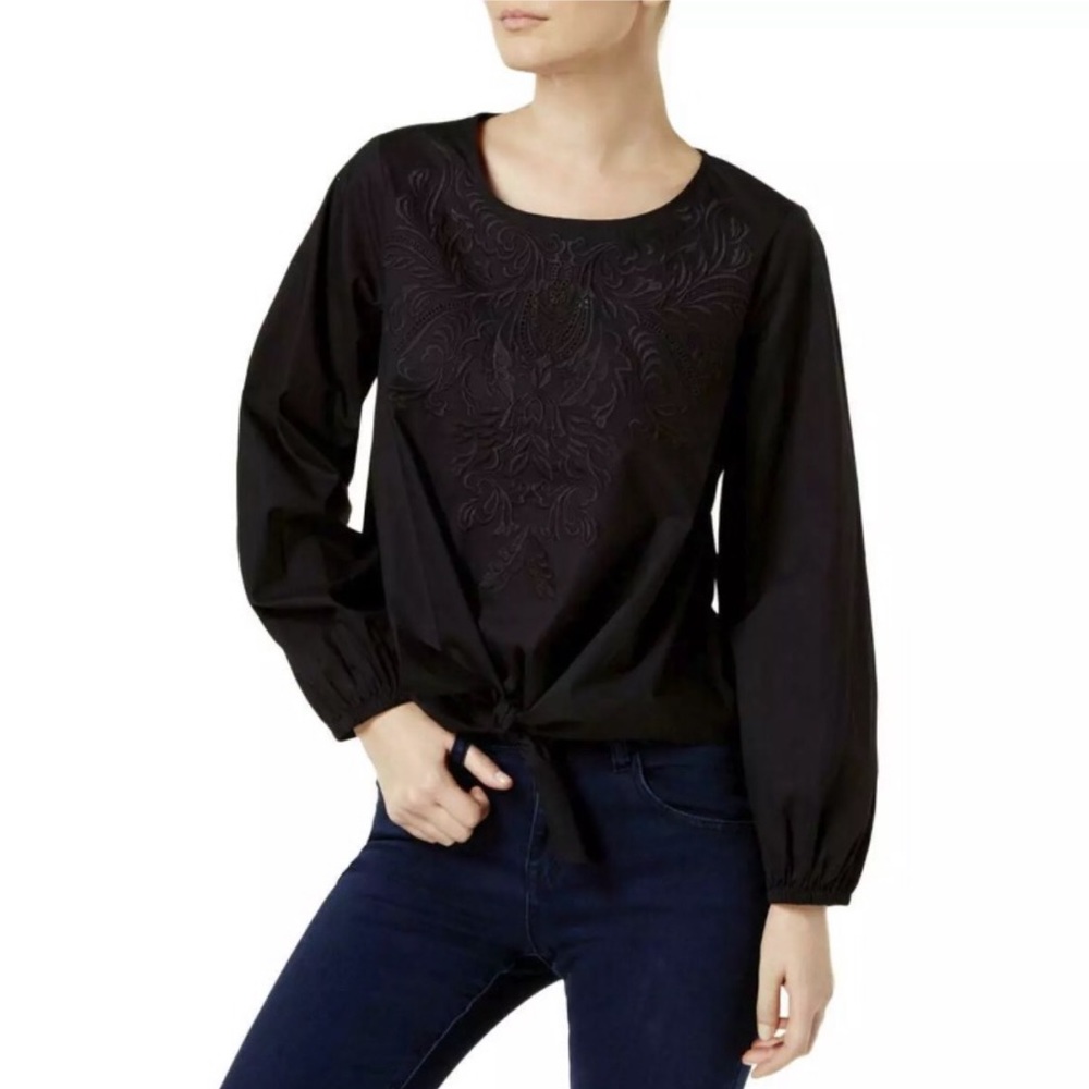 NWT 🖤 INC ~ Black Embroidered Tie Front Top